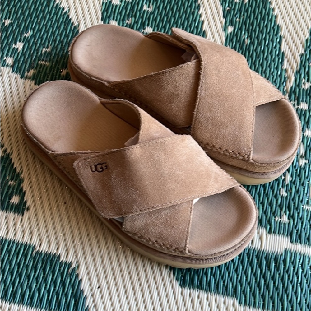 UGG® Goldenstar Cross Slide in Driftwood - Like New